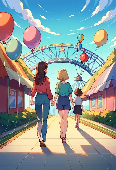 A mother and daughter came to the amusement park to play. , Holding hands ,Amusement park , lots of balloons、the Ferris wheel、merry-go-round、rollercoaster,sad, Walking, A disgruntled expression