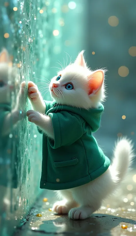 Create a realistic image of a white furred female kitten with soft blue eyes, wearing an emerald green coat, standing and touching a sparkling crystal wall like a human, the light from the crystal reflects on her concentrated face.