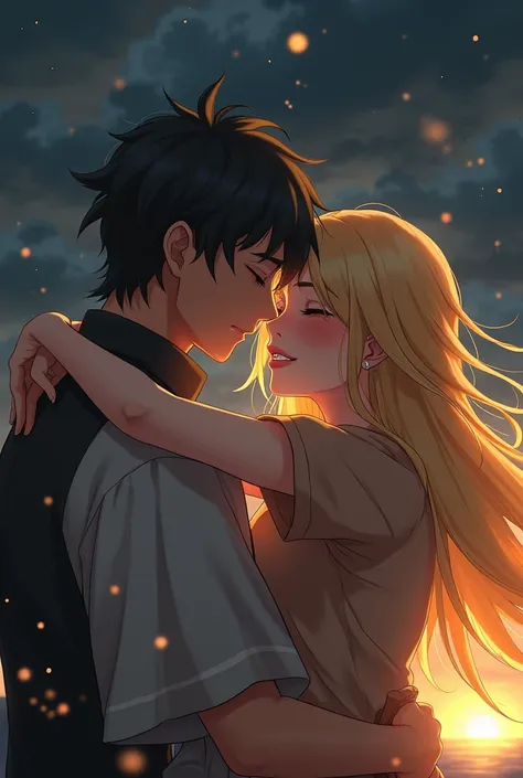 make me a scene of 2 mortal villager lovers in a myth that are look like anime with realistic proportions: the girl is blonde with fair skin and the boy is moreno with black hair. theyre both 20+ years old. make the scenery look dark (because the girl save...