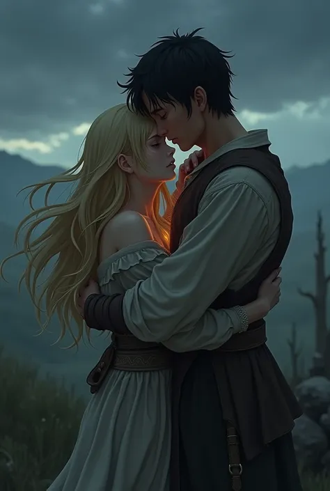 make me a scene of 2 mortal villager lovers in a myth that are look like anime with realistic proportions: the girl is blonde with fair skin and the boy is moreno with black hair. theyre both 20+ years old. make the scenery look dark (because the girl save...