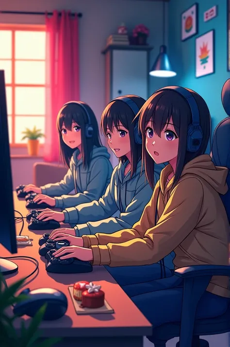 Anime main characters playing video games "generate photo in cover photo form"