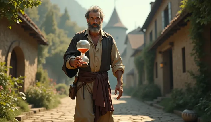 A young middle age man holding a magical hourglass that is almost empty walking through a village, 3d animation, ultra realistic image