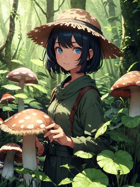 Sidib girl in the forest in full growth background of the forest with mushrooms,short hair,blue eyes