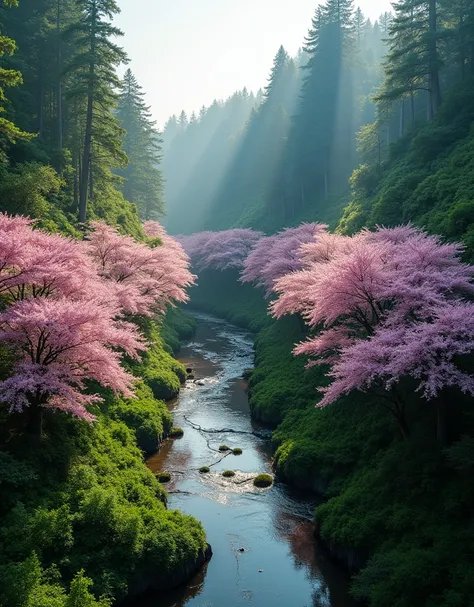 Panoramic photo taken from a birds eye view of cherry blossom trees in a primeval rainforest, captured by a drone flying low over the canopy. The image should focus on a winding river that cuts through the cherry blossom, with lush vegetation on both banks...