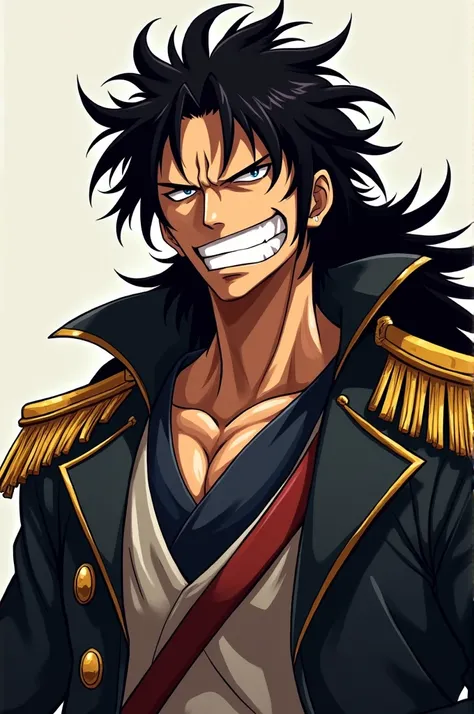 +6
Rocks D. Xebec, the captain of the Rocks Pirates in One Piece, had the following appearance:
Hair: Long, dark hair that was unkempt and stuck out in different directions
Eyes: Slanted eyes
Smile: Wide, toothy smile
Clothing: A high-collared sailors coat...