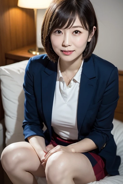 Masterpiece, photo quality, Japanese woman, CEO secretary, business jacket, cotton tight skirt, (short hair: 1.2), smile, droopy eyes, gentle eyes, bangs, beautiful skin-colored thighs, office, perfect lighting,