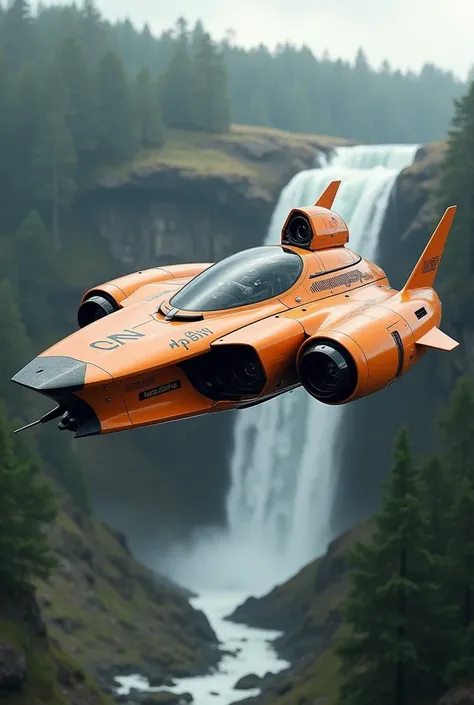 An Award-Winning Masterpiece, (photo realistic) photograph, vogue, mid-modern luxury, very detailed, Futuristic Concept Space Craft with Military Jet features and metallic orange with matte black and white details, luxury, ((waterfall landscape) , (forest ...