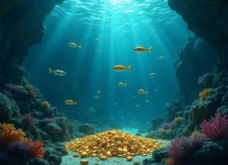 Highest quality, Full HD, Sea, deep sea, Gold nuggets buried beneath the sea,A large amount of gold bullion