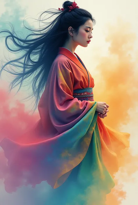 A beautiful Japanese woman dressed as an oiran, standing enveloped in a mystical, rainbow-colored mist. She is facing forward with a mysterious and alluring expression. The scene is portrayed in a watercolor painting style, with soft, fluid brushstrokes cr...