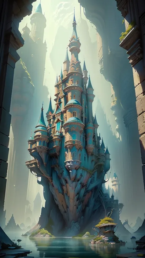 A close-up of a floating castle、There is plenty of water, an an underwater city, Undersea Temple, an underwater city, Aquatic monastery, Submerged temple landscape, aquatic environment, Underwater temple, the The Lost City of Atlantis, The Lost City of Atl...