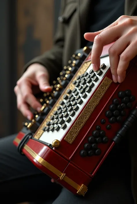 Creates 34 round button diatonic accordion with gold trim being played by a 40-year-old