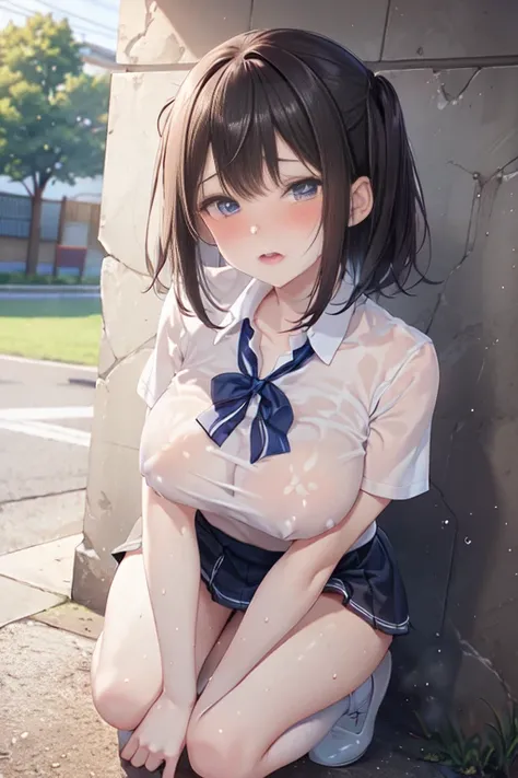 (Highest quality)), ((masterpiece)), (detailed), Natural light，Perfect Anatomy，(((Cute high school girl，Wearing a white open-collar shirt and a black skirt 1.8))),Very sexy，A young woman with a baby face，Very large breasts，Woman squatting with knees raised...