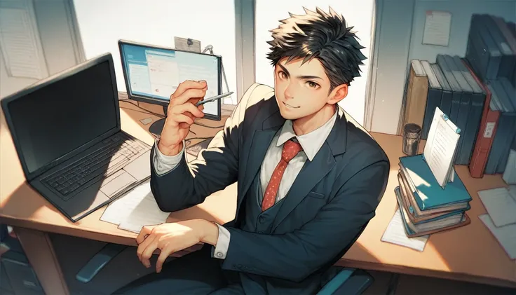 officeワーカー, alone, operate your computer at your desk, japanese, black hair, brown eyes, male, suit, office