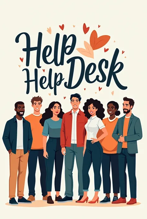 create an image o group of people standing for a group photo and a text "BDS HELP DESK" Is placed on top of their heads using illustrator..The text should be very creative