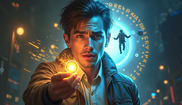 Create an eye-catching thumbnail for a YouTube video titled "The Grandfather Paradox: A Time Travel Story with a Shocking Twist." The image should feature a split scene: on one side, a young inventor (Mark) holding a glowing golden key in a futuristic sett...