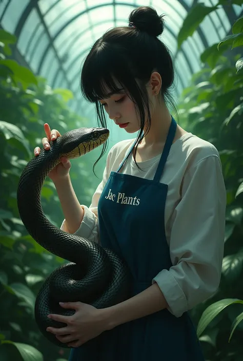 tmasterpiece，HighestQuali，(Feeling of darkness)，(feeling of screaming)，(Jealous games),whole  body，Clean bangs)，Wear an apron written Jac plants and a blue dress，( Stroking a large snake ),(In greenhouses，Tropical forest plants)