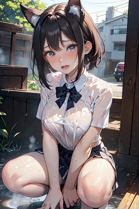 (Highest quality)), ((masterpiece)), (detailed), Natural light，Perfect Anatomy，(((Cute high school girl，Wearing a white open-collar shirt and a black skirt 1.8))),Very sexy，A young woman with a baby face，Very large breasts，Woman squatting with knees raised...