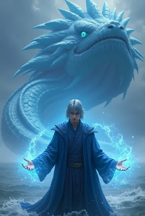 Anime. Homme 30 ans, cheveux mi-long bleu-gris, en robe de magicien de couleur bleu avec des coutures cyan, ne souris pas, imberbe, de ses mains émane de la magie de glace. Derrière lui est un immense serpent marin composé deau et émergeant de la mer Lévia...