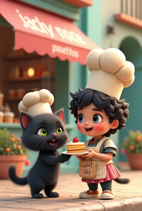 A cute fluffy black kitten with green eyes wearing a chefs hat, a short light-skinned woman with a chefs hat, holding a slice of cake and a sign that says "sweet day", in the background a pink and white pastel shop facade named "Jacky Pastelitos" on a rust...