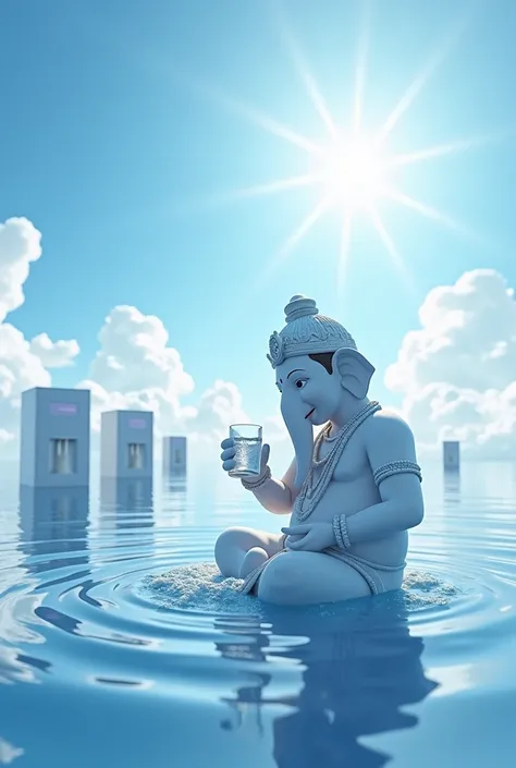 Vinayagar drinking water using Ro water and the home Ro machines and water dispencers in the background of blue white sky with the text CELEBRATING 100% PURE DEVOTION


