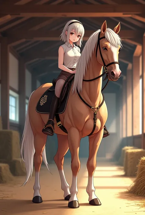 ponyplay, horse body centaur girl, centaur girl well equiped as horse equipments,Bridle, snaffle bit in centaur girl mouth, horse breeding stable environment, like anime,
