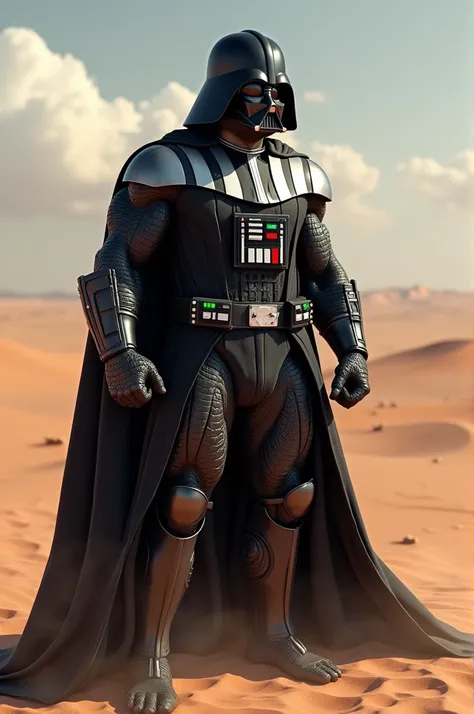 Body-builded Darth Vader showing poses in the desert