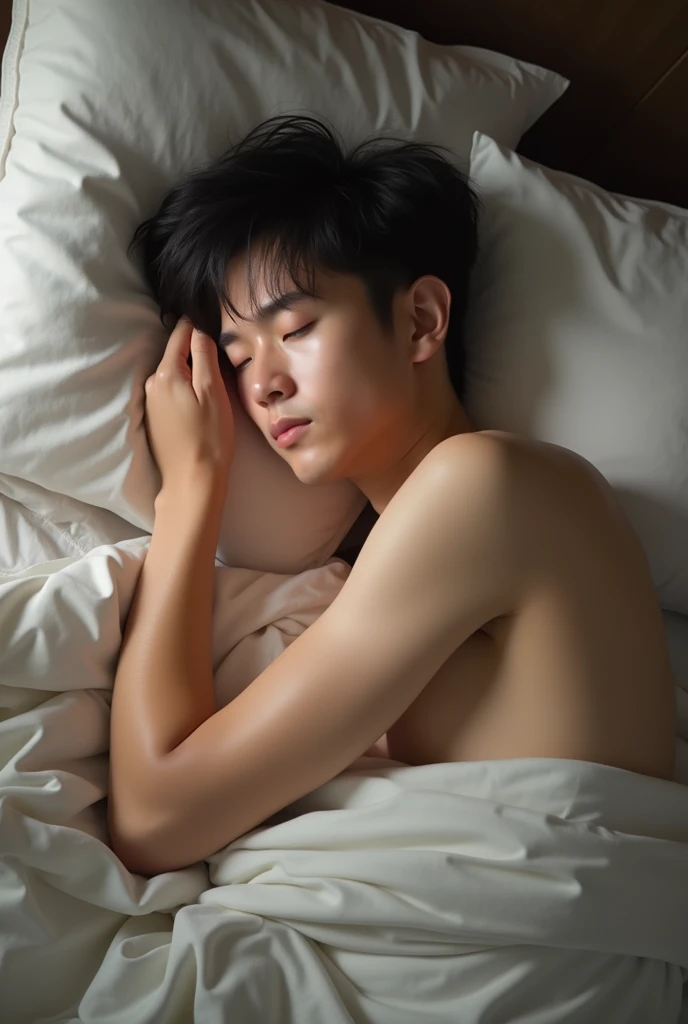 Please create A Asian handsome, tall, fair-skinned young man with a slim face, who is not wearing any clothes, is sleeping, and his genitals are erect.