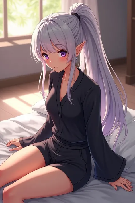 Anime tan skin female elf with long silver hair styled into a ponytail, purple eyes, smiling, wearing a black tunic and shorts sitting on her bed thinking