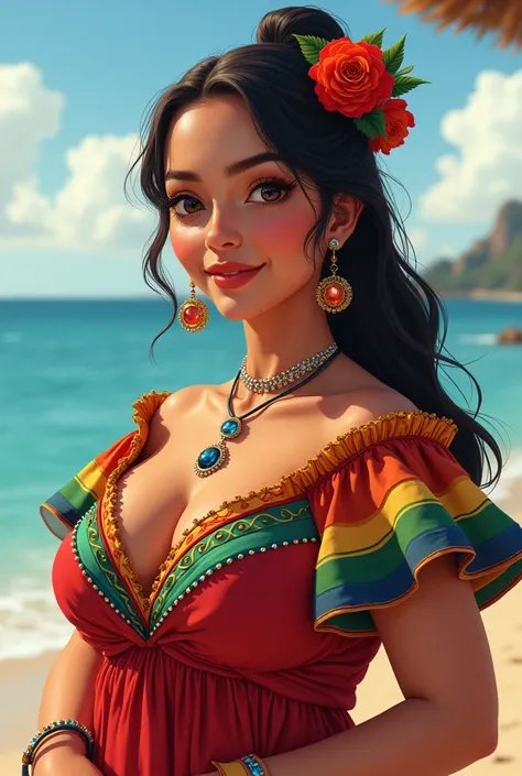 A beautiful girl plump figure,wearing traditional Mexican clothing, intricate traditional patterns, bold colors, vector art, flat design, layered textures, seaside background, Dustin Nguyens unique illustration style, masterpiece, cinematic lighting, photo...