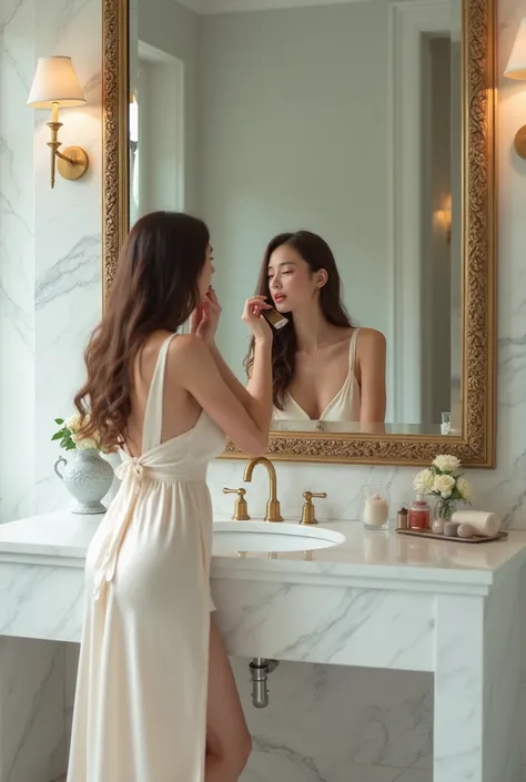 She puts on makeup while looking at the large mirror above the sink in the luxurious marble bathroom. She has long brown hair, a slender figure, and wears a white silk gown. Model body, full body real photo.