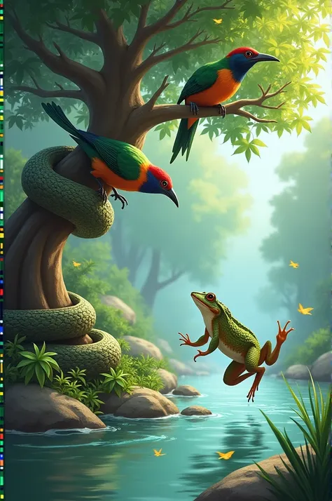  A Picture that a bird and a snake on the tree and near a stream , jumping a frog