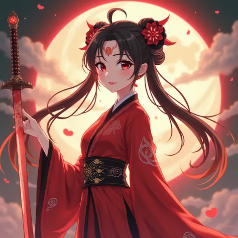 Create anime Nine Heavens Mysterious Girl wearing ancient Chinese costume in red shirt, red mark on forehead, sword handle