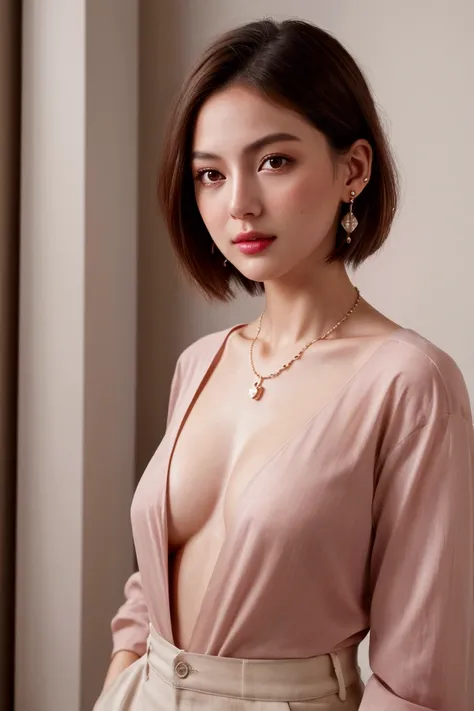 8k, RAW Photos, Highest quality, masterpiece:1.2), High-resolution RAW color photos, Professional photos, (Realistic, photo Realistic:1.37), Cinematic Light, Full body, Realistic Skin, one female, small Breasts, slim、blush,  sexy shirt,  short hairstyle, E...