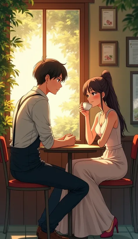 A man gazing at his beloved woman from afar　A woman is sitting in a street corner cafe drinking coffee　Anime Style　The man is a cafe employee