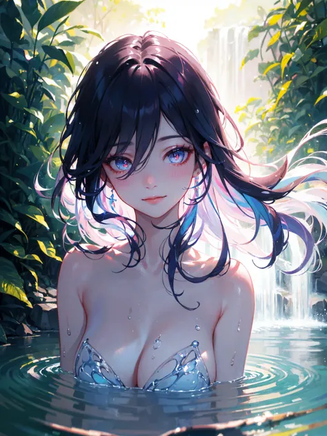 a very beautiful girl, close up portrait of a cute woman (gldot) bathing in a river, reeds, (backlighting), (extremely long hair:1.4), (long floating hair:1.4), dynamic pose, detailed iris, sparkle eyes, star in eyes, (enchanting red eyes:1.3), (multicolor...