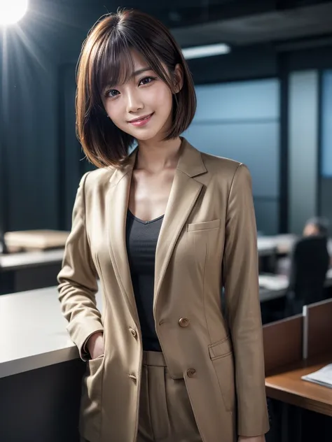 Highest quality, Realistic, Very detailed, finely, High resolution, 8k, Cinema Lighting, 1 person, Beautiful Japanese Women, 30 years old, light brown straight bob hair, Wear a business suit, (Blurred Background, office, noon, Light of the sun), Sharp focu...