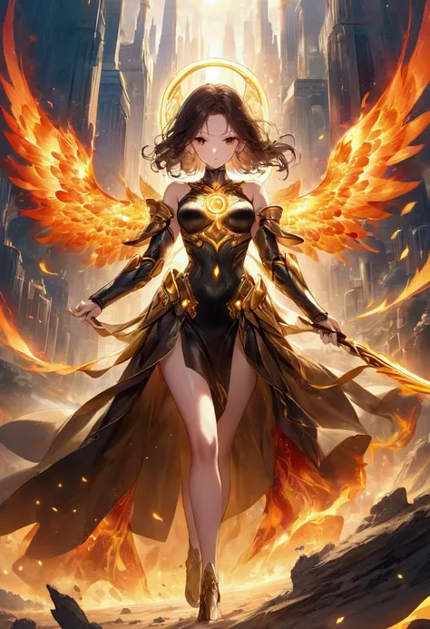 (surrounded by flames all over her body and wings 1.9) large wings seemingly made of fire(she is completely ingulfed in black and gold flames, 1.9) Full-length portrait of a stunning woman standing in front of the camera with complete confidence. She has l...