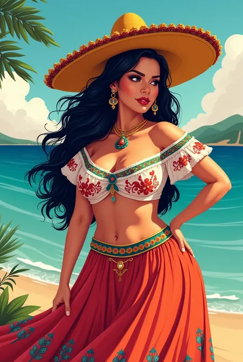 A beautiful plump girl wearing traditional Mexican clothing, intricate traditional patterns, bold colors, vector art, flat design, layered textures, seaside background, Dustin Nguyens unique illustration style, masterpiece, cinematic lighting, photorealist...