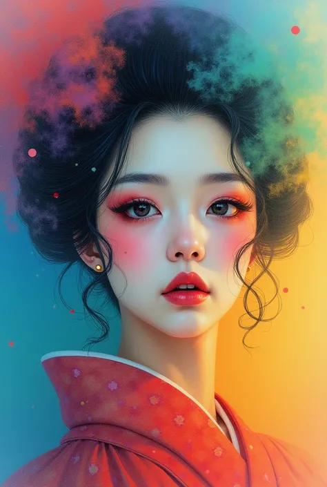 A close-up of a beautiful Japanese woman dressed as an oiran, her face enveloped in a mystical, rainbow-colored mist. She has an enigmatic and alluring expression. The image is created in a colored pencil drawing style, with detailed, soft lines capturing ...