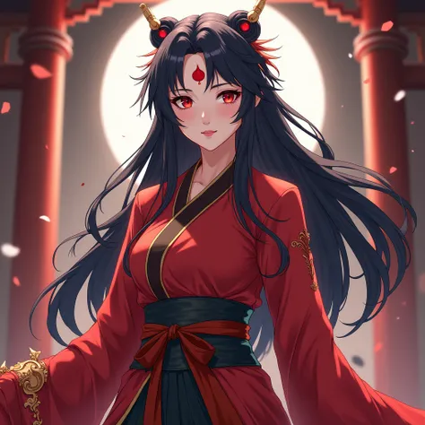 Create anime Liu Ru Yan wearing ancient Chinese costume in red shirt, red mark on forehead, sword handle