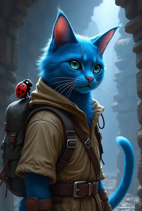 dungeon & dragon universe, cat with blue fur and blue eyes dressed as an adventurer with a backpack, he has a little ladybug with him