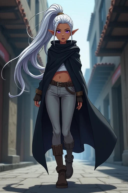 Anime tan skin female elf with long silver hair styled into a ponytail, purple eyes, in shock, wearing a black cloak with a tunic pants and boots standing in an alleyway