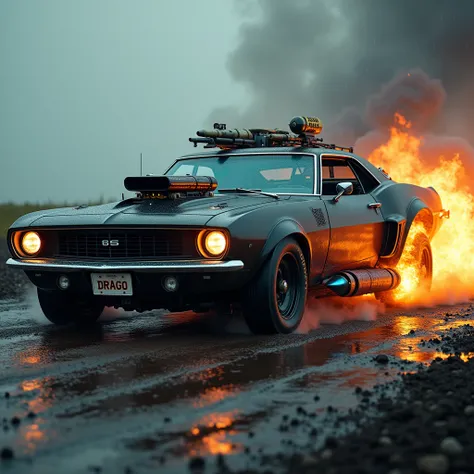 One stunning big massive vintage muscle car model going to crash the tires are slipping and the whole car is burning and the flames flew behind because of high speed the windows and the front glass is also fully crashed carphotographed in high-resolution D...