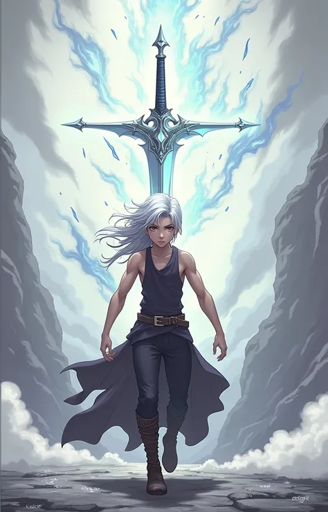 A boy, silver hair, black cloth, there is a sword behind him, the sword is shining and bursting in silver color