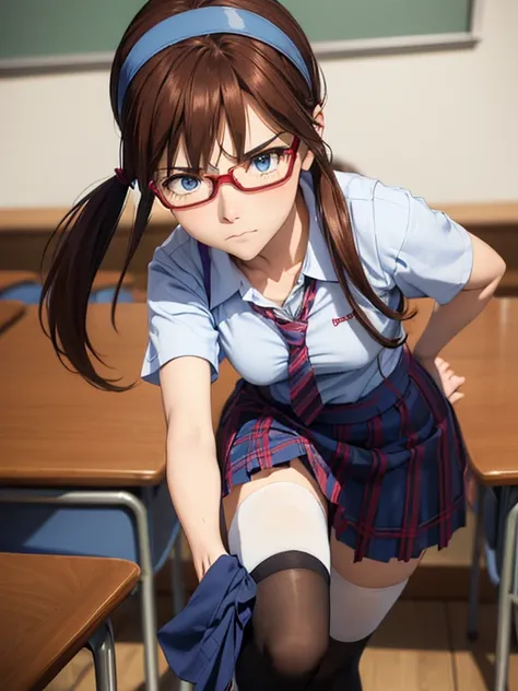 1girl, mari makinami, blue big eyes, brown hair, red rimmed glasses, blue headband, twintails, short sleeves dress shirt, (plaid...