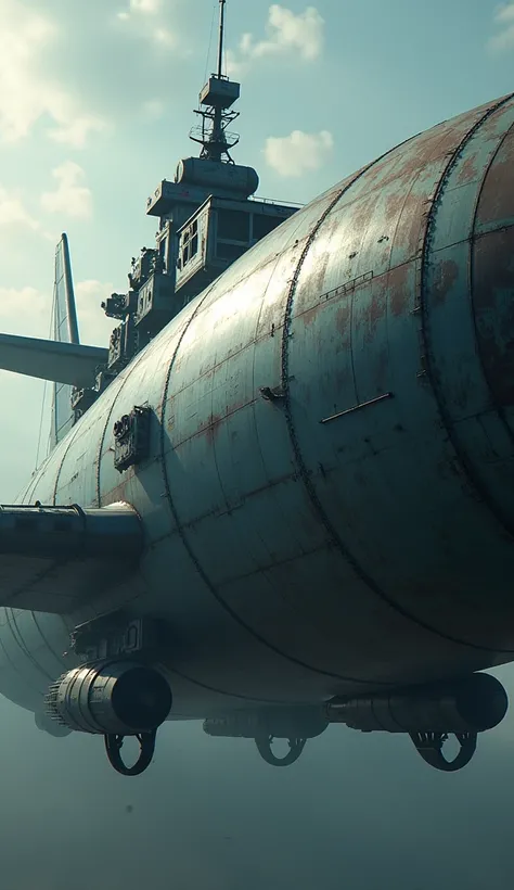 Four large engines, Large dieselpunk airship, Ultra high definition, mega highly detailed, Very detailed, expensive, Giant,  aircraft, 1943, Very detailed,Heavily armed、Battleship turret、47cm gun、Cinematic Light、Shot with a film camera、Weathered silver and...