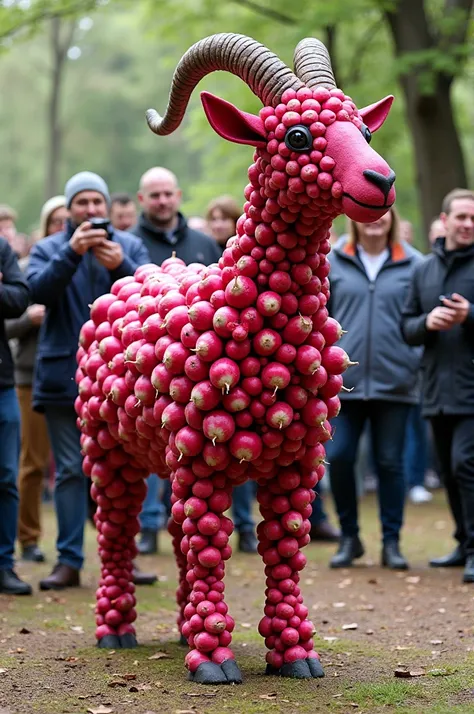 The photo of the goat is made entirely of radishes and people are standing around it, looking at it and taking pictures of it.