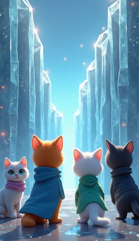 create a realistic image of the crystal walls blocking their path. The sparkling light of the crystals reflects off the clothes of Toto, an orange male kitten with brilliant green eyes, wearing a long blue robe. Mimi, a white furred female kitten with brig...