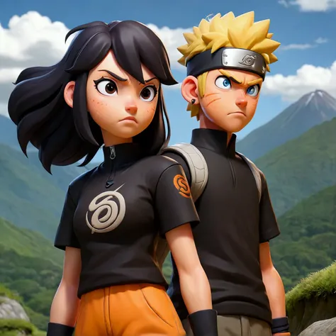 Naruto and Hinata walking together, mountain peaks, Naruto wears a black T-shirt with the letter T logo,Hinata wears a black t-shirt with the letter s logo,