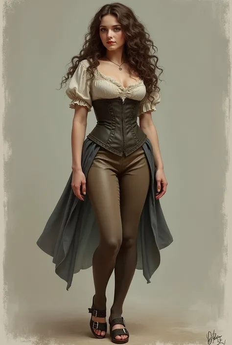 Portrait of Lizzie Greene wearing: knee-lenght trunkhose breeches, a short-sleeved chemise, a corset, wedge buckled sandals and a long curly wig, detailed feet, beautiful detailed eyes, beautiful detailed lips, extremely detailed eyes and face